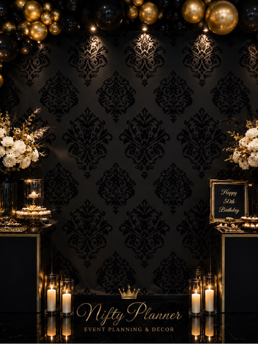 Elegant Black Damask Wall Decal -Backdrop